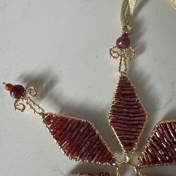 Czech Beaded Snowflake Christmas Ornament Red Bead Holiday Decor - Picture 2 of 10